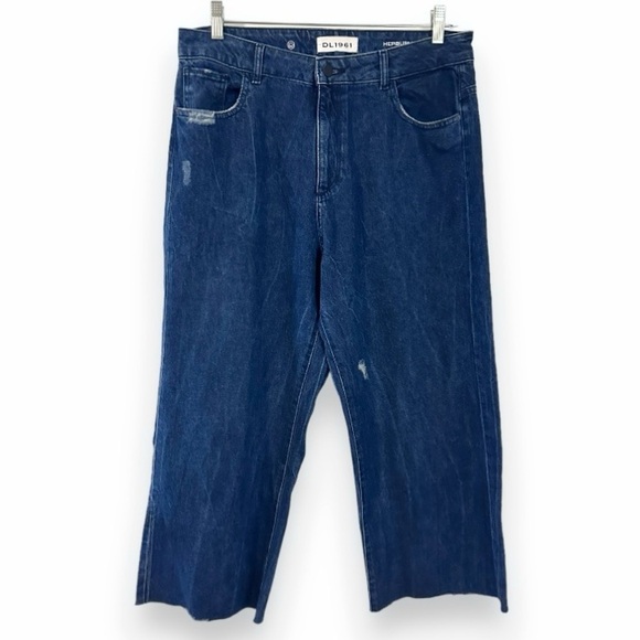 DL1961 Hepburn Dark Wash High Waist Ankle Wide Leg Jeans Women’s Size 32 Raw Hem - Picture 1 of 16